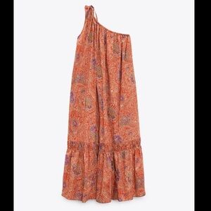 🏜️ NWT! Zara One-Shoulder Orange Paisley Printed Maxi Dress
